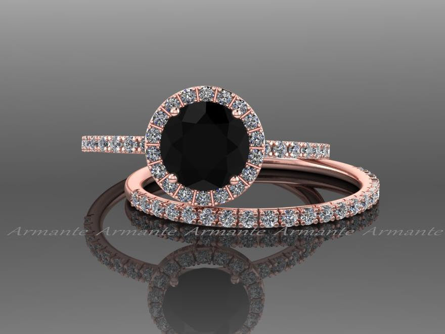 Black Diamond Ring Gold Halo Oval Ring Half Diamond Wedding Band Set